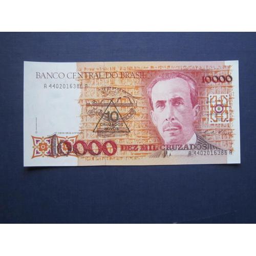 Банкнота 10 крузадо новых штамп 1990 на 10000 крузадо 1989 Бразилия UNC пресс