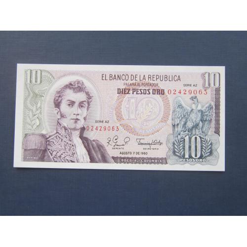 Банкнота 10 песо Колумбия 1980 UNC пресс