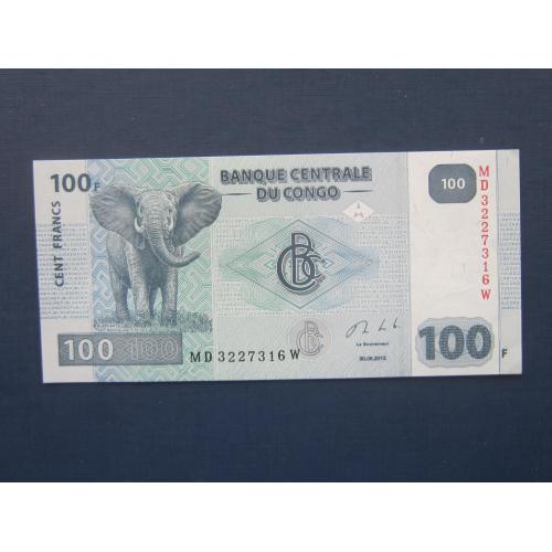 Банкнота 100 франков Конго 2013 фауна слон UNC пресс