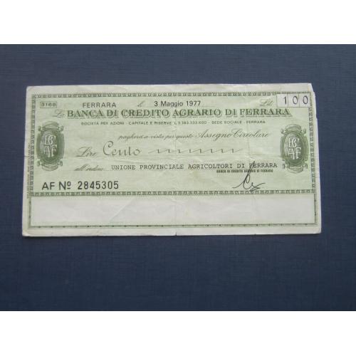 Банкнота 100 лир Италия 1977 дорожный чек Ферраро