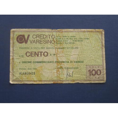 Банкнота 100 лир Италия 1978 дорожный чек Варезе