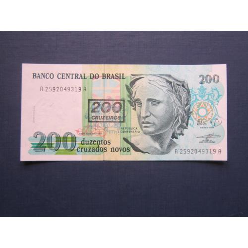 Банкнота 200 крузейро штамп 1990 на 200 крузадо новых 1989 Бразилия UNC пресс