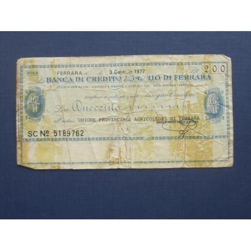 Банкнота 200 лир Италия 1977 дорожный чек Феррара