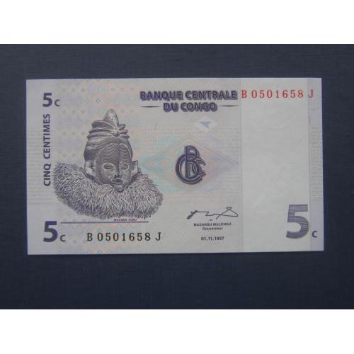 Банкнота 5 сентим Конго 1997 музыка музыкальные инструменты UNC пресс