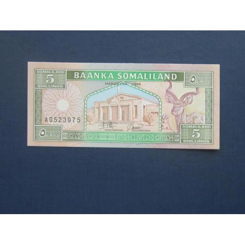 Банкнота 5 шиллингов Сомалиленд Сомали 1994 фауна верблюды косуля UNC пресс