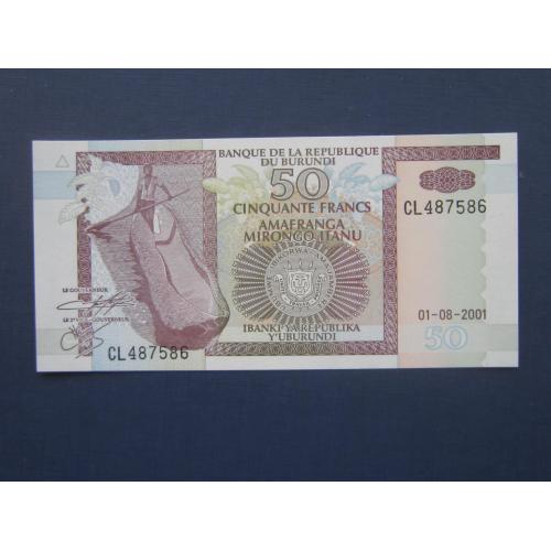 Банкнота 50 франков Бурунди 2001 корабль лодка фауна бегемот UNC пресс