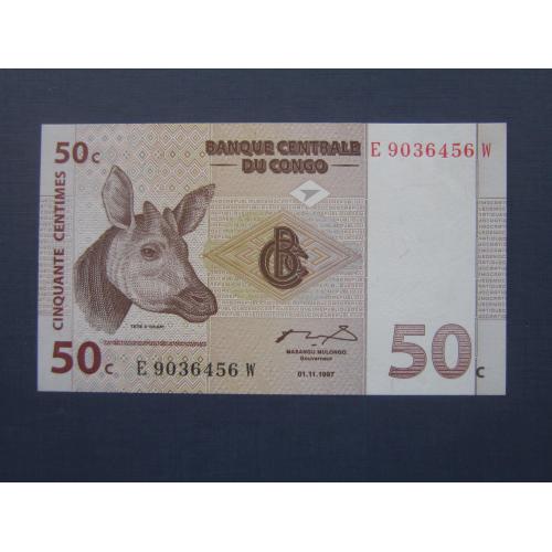 Банкнота 50 сентим Конго 1997 фауна карликовый жираф окапи UNC пресс