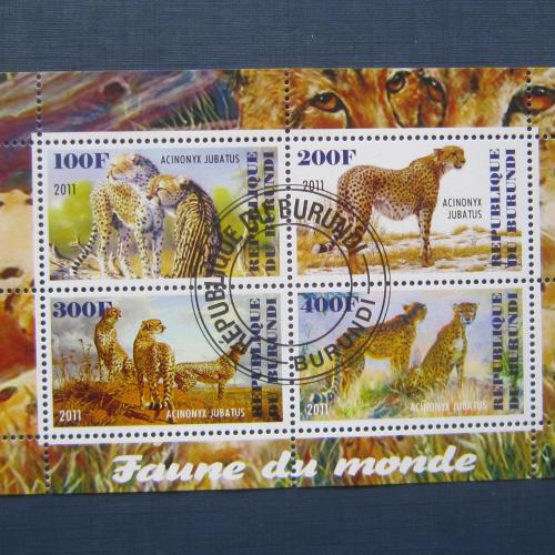 Блок 4 марки Бурунди 2011 фауна хищники леопард рысь пума  гаш