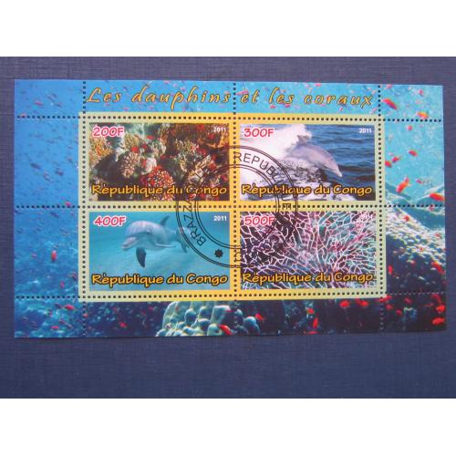 Блок 4 марки Конго 2011 фауна дельфины кораллы рыбы №3 гаш