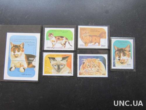 блок+5 марок Лаос 1995 коты кошки полная MNH
