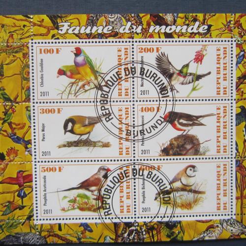Блок 6 марок Бурунди 2011 фауна птицы лесов гаш 