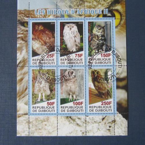 Блок 6 марок Джибути 2010 фауна птицы совы №1 гаш