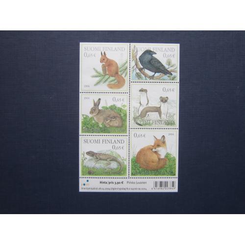 Блок 6 марок Финляндия 2004 фауна лиса заяц горностай белка ворона ящерица MNH