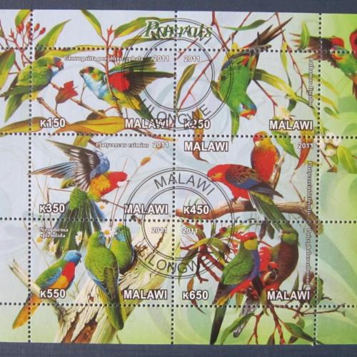 Блок 6 марок Малави 2011 фауна птицы попугаи  гаш