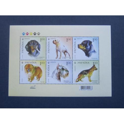 Блок 6 марок Украина 2008 фауна собаки породы такса бульдог ротвейлер чау-чау шнауцер овчарка MNH