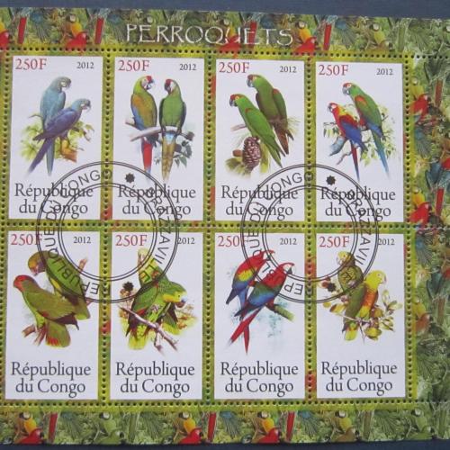 Блок 8 марок Конго 2012 фауна птицы попугаи гаш