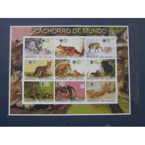 Блок 9 марок Ангола 1999 фауна собаки Мира волк  песец шакал фенек динго сумчатые гиеновидные б/зуб