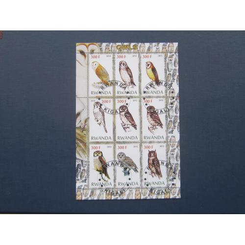 Блок 9 марок Руанда 2012 фауна птицы совы филины гаш