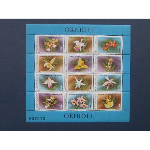 Блок малый лист 12 марок Румыния 1988 флора цветы орхидеи MNH