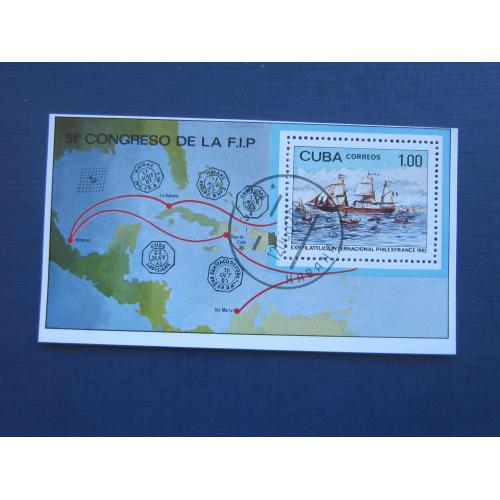 Блок марка Куба 1982 транспорт корабль парусник море карта гаш КЦ 4.3 $