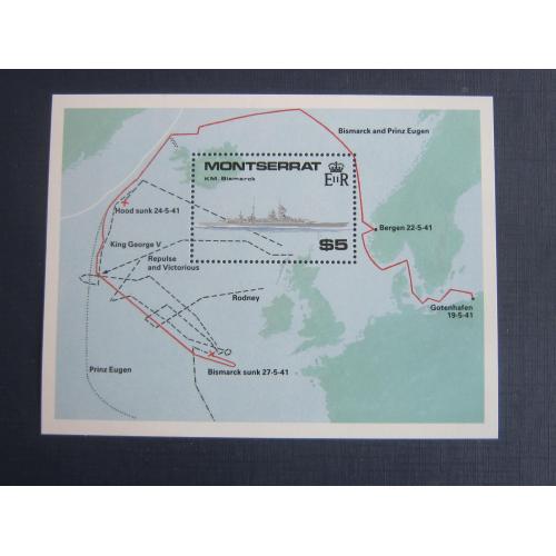 Блок марка Остров Монсеррат Британский 1990 корабль линкор Бисмарк морские сражения MNH КЦ 8.5 $