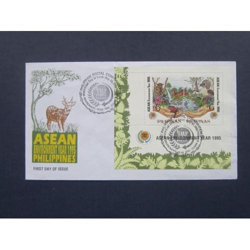 КПД конверт блок 2 марки спецгашение Филиппины 1995 фауна олень черепаха коала бабочки птицы рыбы