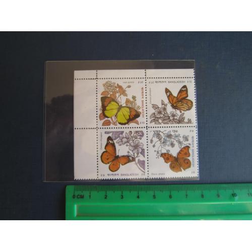 Квартблок 4 марки Бангладеш 1990 фауна комахи метелики MNH КЦ 9.5 $