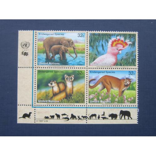 Квартблок 4 марки офис ООН Нью-Йорк 1997 фауна слон попугай пума(кугуар) горностай MNH