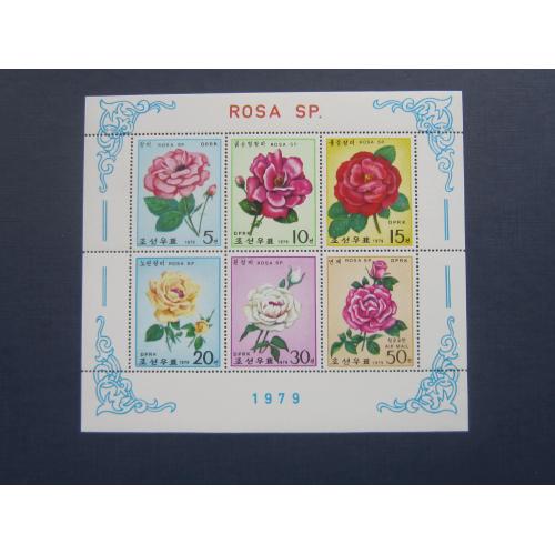 Малый лист Блок 6 марок Северная Корея КНДР 1979 флора цветы розы MNH КЦ 5.5 $