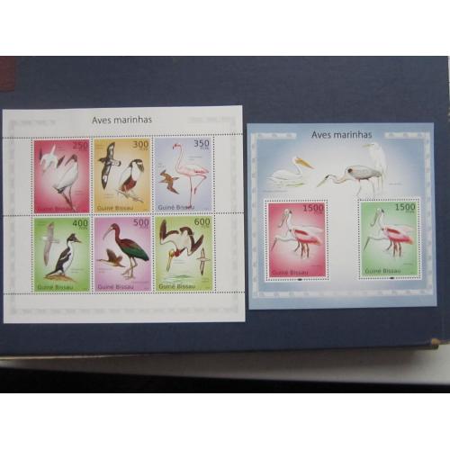 Малый лист + Блок 8 марок Гвинея-Бисау 2010 фауна птицы морские водные MNH КЦ 14.5 $