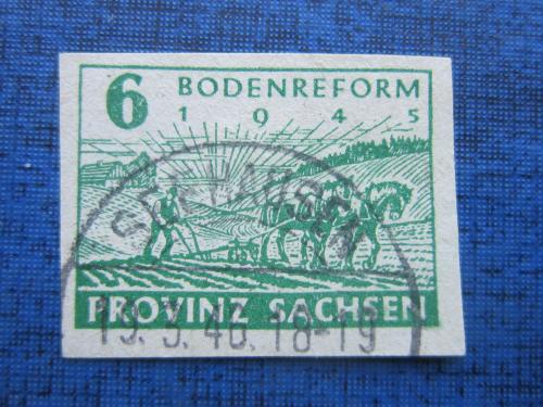 Марка Германия Советская зона Саксония 1945 Земельная реформа кони лошади на плотной бумаге 6 пф гаш