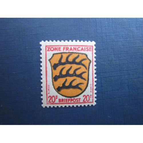 Марка Німеччина Французська зона окупації 1945 стандарт герб 20 франків MNH