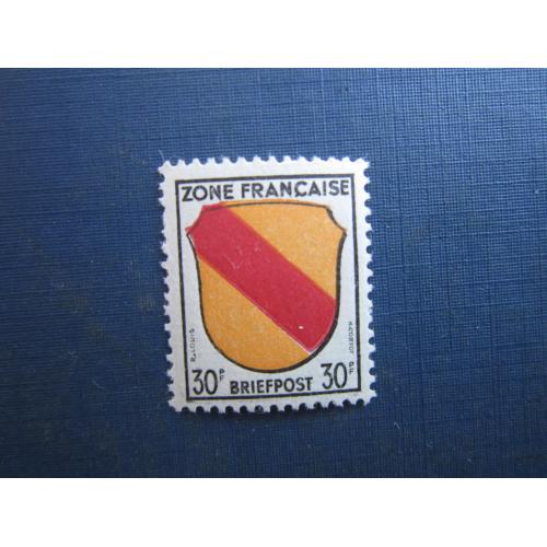 Марка Німеччина Французська зона окупації 1945 стандарт герб 30 франків MNH