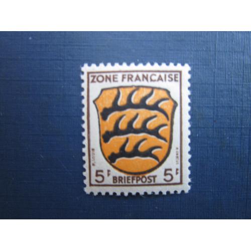 Марка Німеччина Французська зона окупації 1945 стандарт герб 5 франків MNH