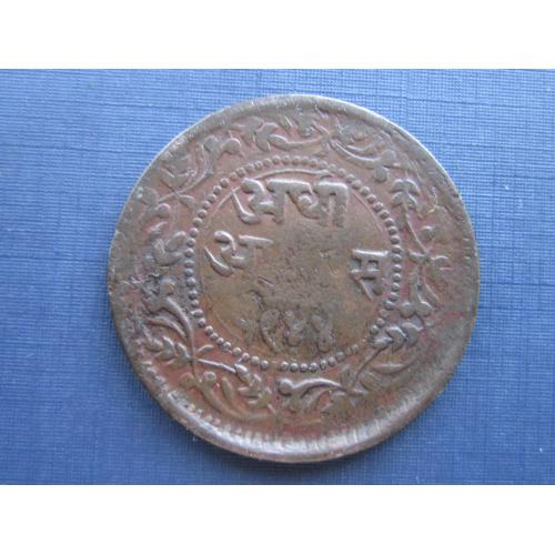 Монета 1/2 анна Индаур Индия 1886-1890 фауна корова