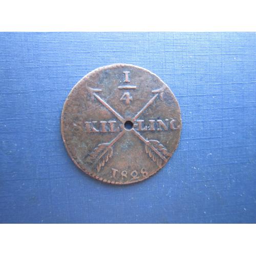 Монета 1/4 скилинга Швеция 1828 Карл XIV Юхан с отверстием