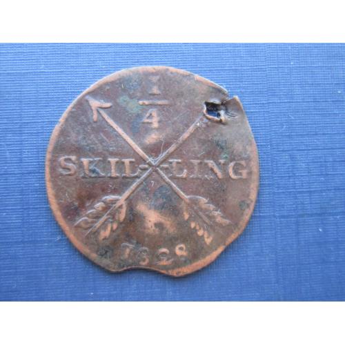 Монета 1/4 скиллинга Швеция 1828 Карл XIV с отверстием как есть №1
