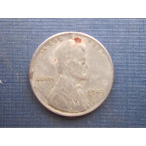 Монета 1 цент США 1943 сталь Линкольн пшеничный