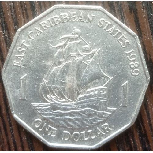 Монета 1 доллар Восточно-Карибские штаты Британские Карибы 1989 корабль парусник