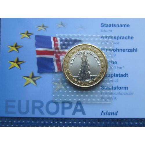 Монета 1 евро (ксерос) Исландия 2004 Проба Европроба карта гейзер UNC запайка