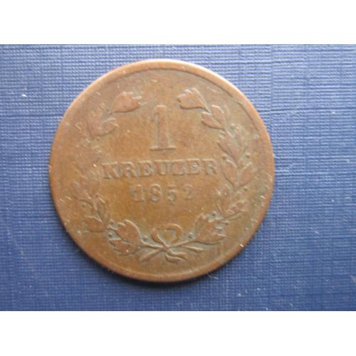 Монета 1 крейцер Германия Баден 1852 Леопольд великий герцог