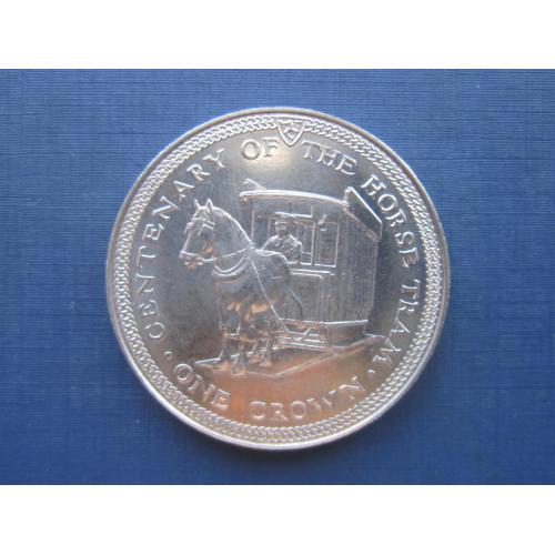 Монета 1 крона Остров Мэн Великобритания 1976 конный трамвай фауна лошадь