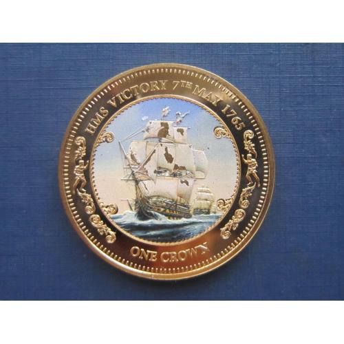Монета 1 крона Тристан-да-Кунья 2015 корабль парусник эмаль позолота