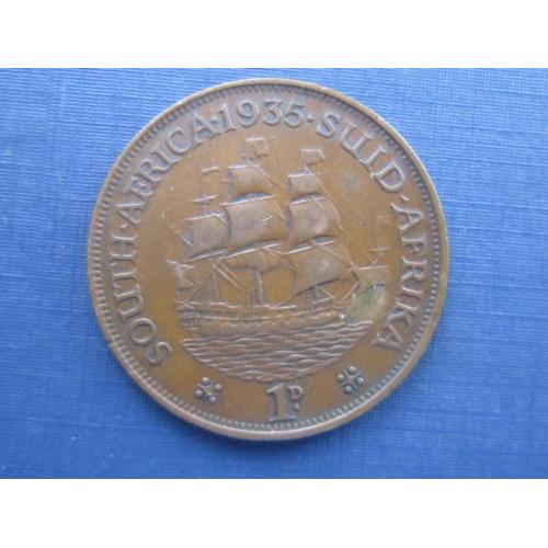 Монета 1 пенни ЮАР Британская 1935 Георг V корабль парусник