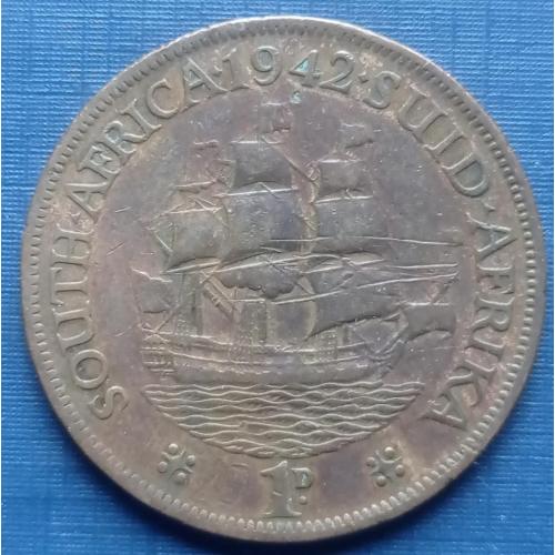 Монета 1 пенни ЮАР Британская 1942 корабль парусник