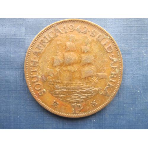 Монета 1 пенни ЮАР Британская 1942 корабль парусник