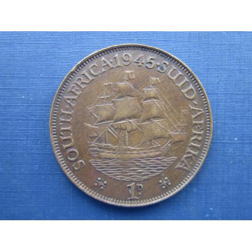 Монета 1 пенни ЮАР Британская 1945 Георг VI корабль парусник