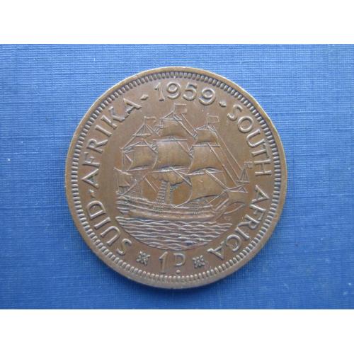 Монета 1 пенни ЮАР Британская 1959 Елизавета II корабль парусник