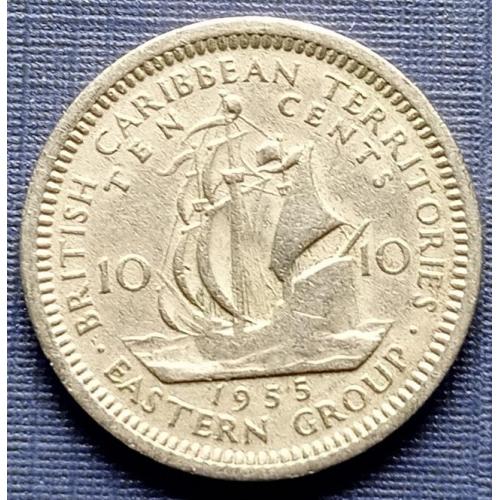 Монета 10 центов Британские Карибские территории 1955 корабль парусник