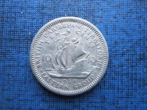 Монета 10 центов Британские Карибские территории 1964 корабль парусник